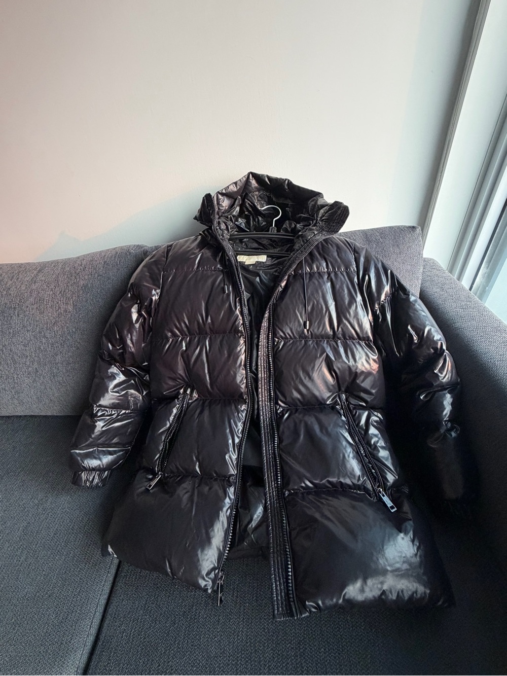 Michael Kors Glossy Black Hooded Puffer Jacket